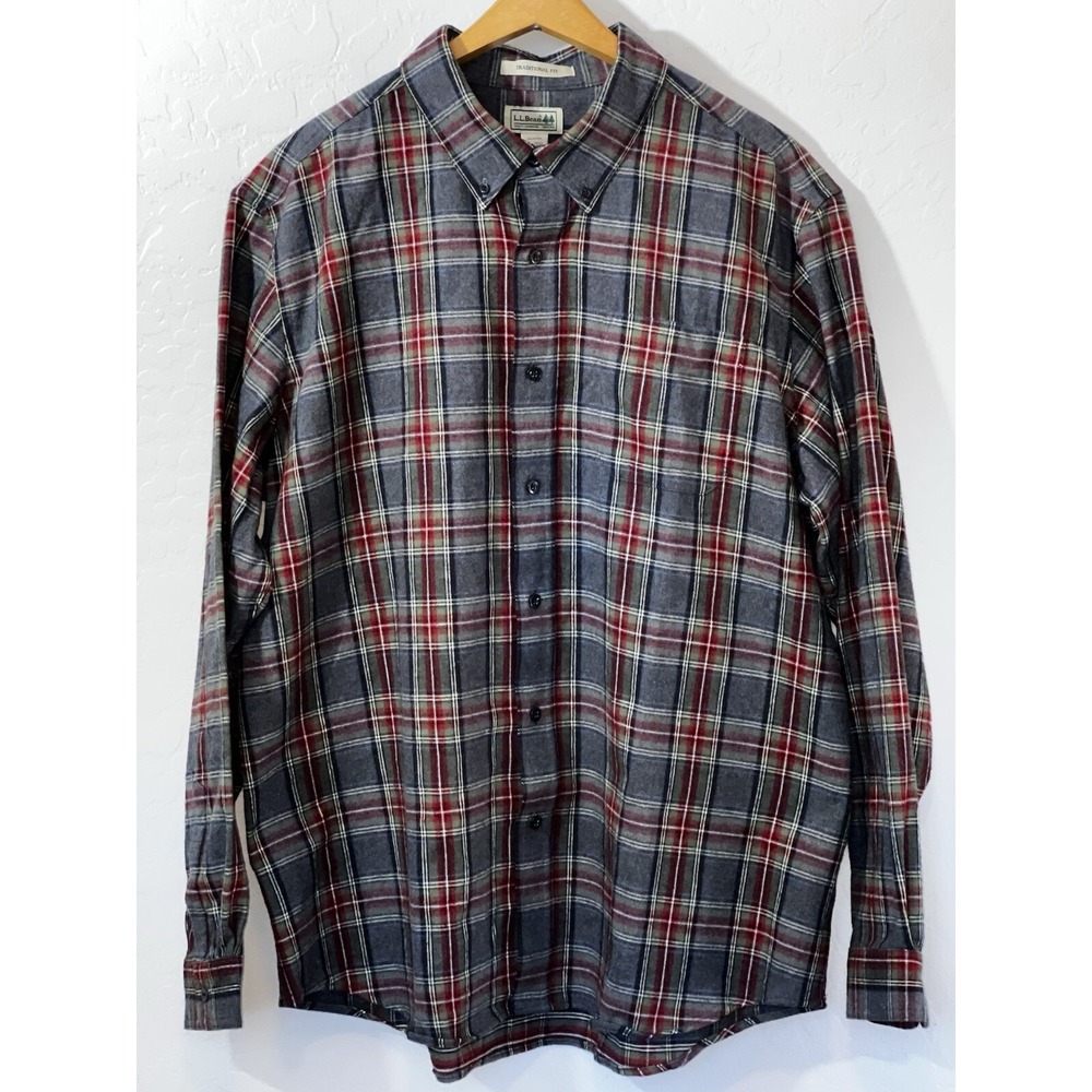 LL Bean Men's XL Flannel Shirt Red Gray Green Plaid Traditional Fit 100% Cotton
